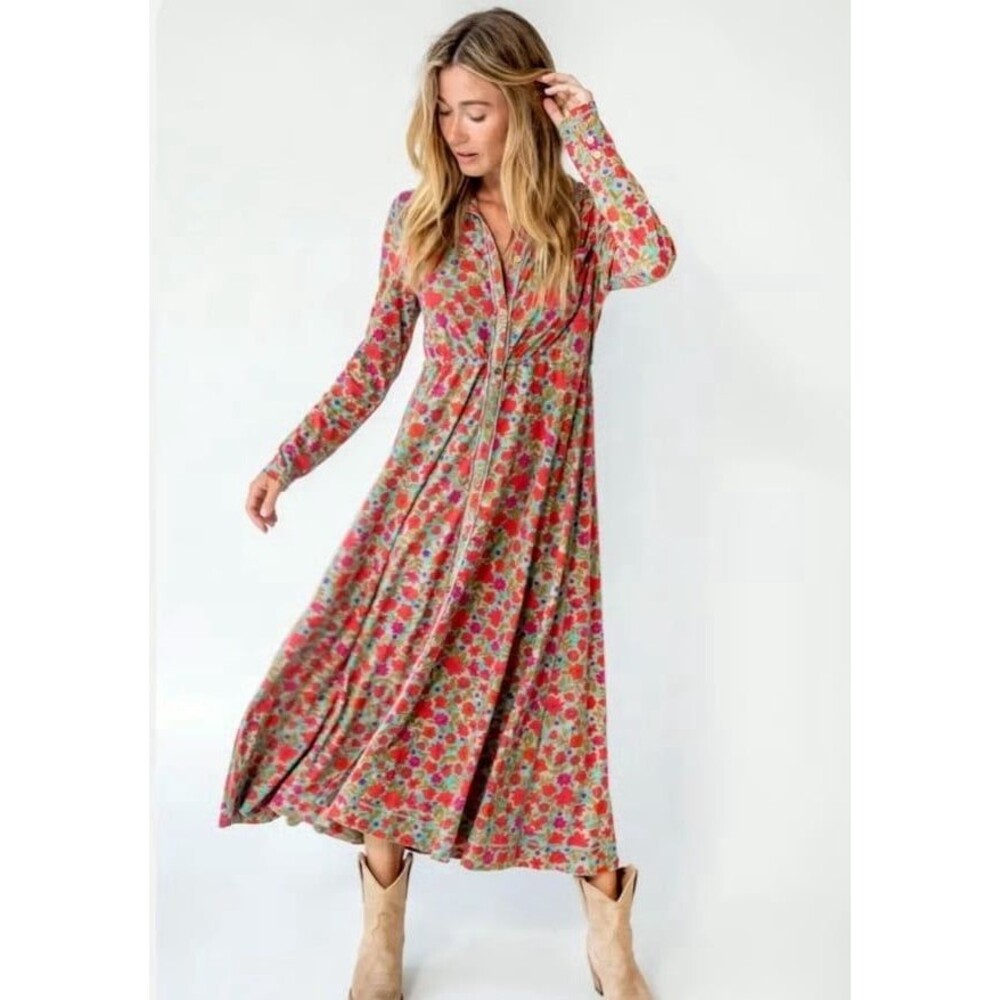 Natural Life Christa Knit Maxi Dress Medium Boho Floral Button Front Medium